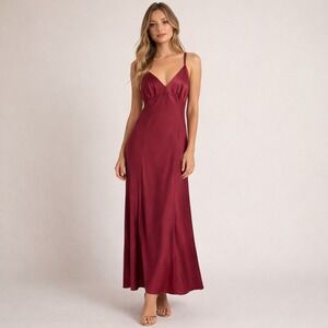 Cabernet Sleepwear Burgundy Satin Midi Nightgown Lace Up Back Dress Size M